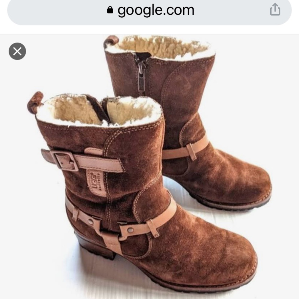 UGG Endell moto boots brown suede sheepskin harness mid calf size 6.5 block heel
